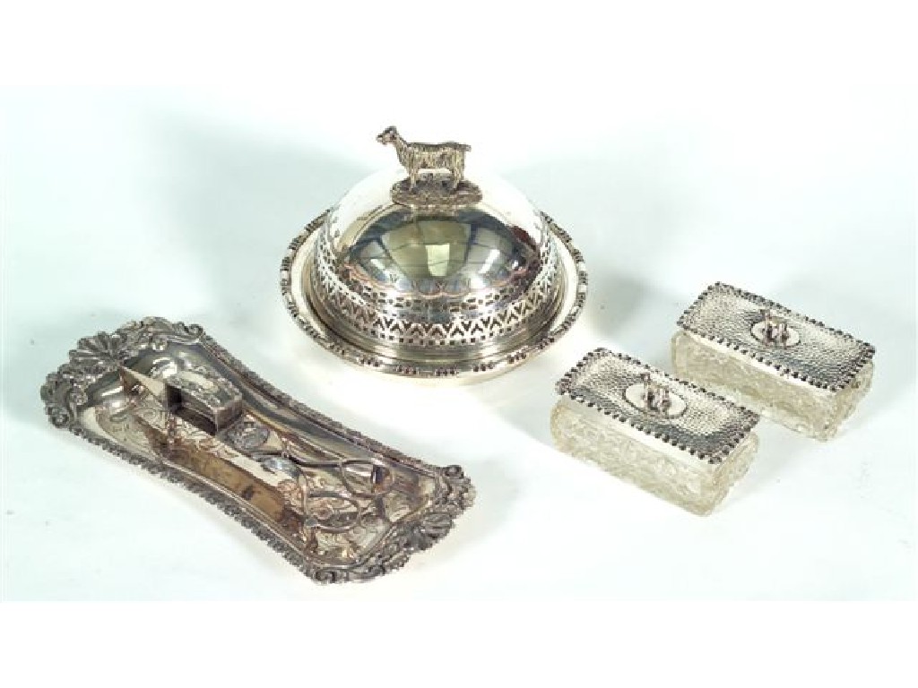 Appraisal: VICTORIAN SILVER-PLATED CANDLE SNUFFER AND TRAY the tray chased with