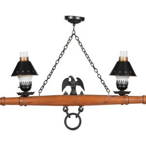 Appraisal: A Wood and Metal Wagon Yoke Two-Light Fixture Width overall