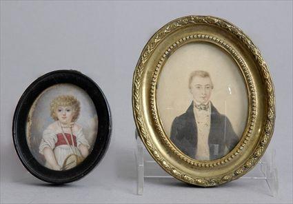 Appraisal: TWO OVAL PORTRAIT MINIATURES The larger watercolor on paper of