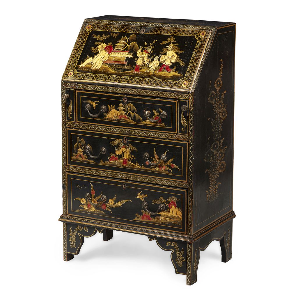 Appraisal: GEORGE III STYLE JAPANNED BUREAU EARLY TH CENTURY of small