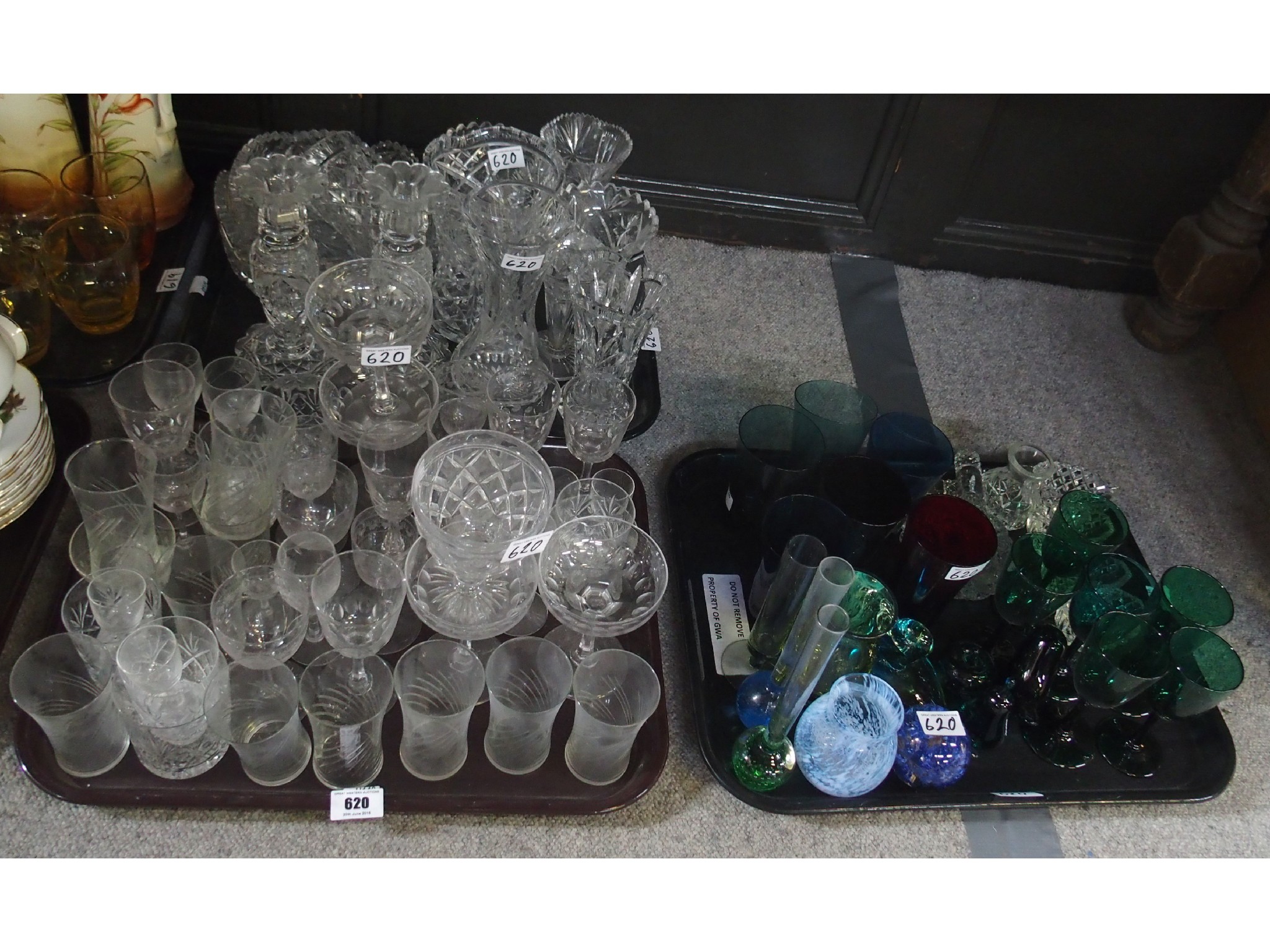 Appraisal: Three trays comprising various clear and coloured glass articles including