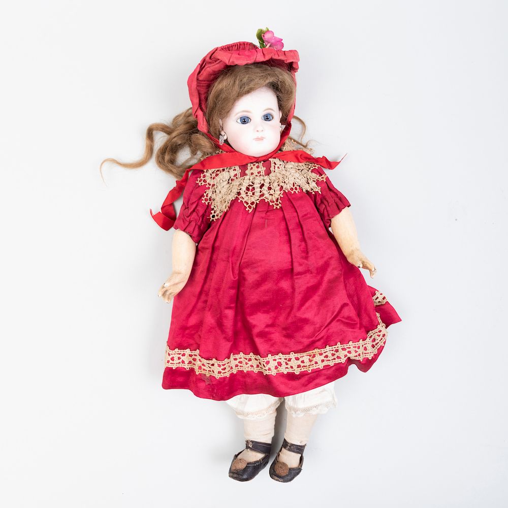 Appraisal: Jumeau Bisque Doll in Red Silk Dress Bisque porcelain and