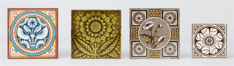 Appraisal: FOUR AESTHETIC MOVEMENT EARTHENWARE TILES Comprising a Mintons painted tile