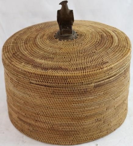 Appraisal: INUIT ESKIMO BASKET FINELY WOVEN WITH CARVEDWOODEN EAGLE FINIAL NICE