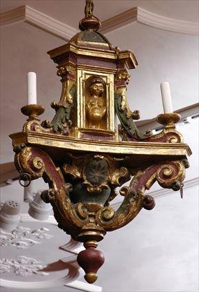 Appraisal: ITALIAN RENAISSANCE-STYLE CARVED PAINTED AND GILTWOOD THREE-LIGHT CHANDELIER Of triangular