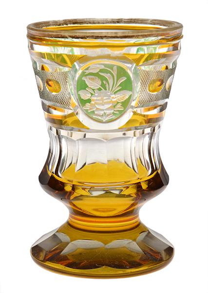 Appraisal: BOHEMIAN FACETED AND FLASHED GLASS GOBLET WITH ETCHED FLORAL MOTIF