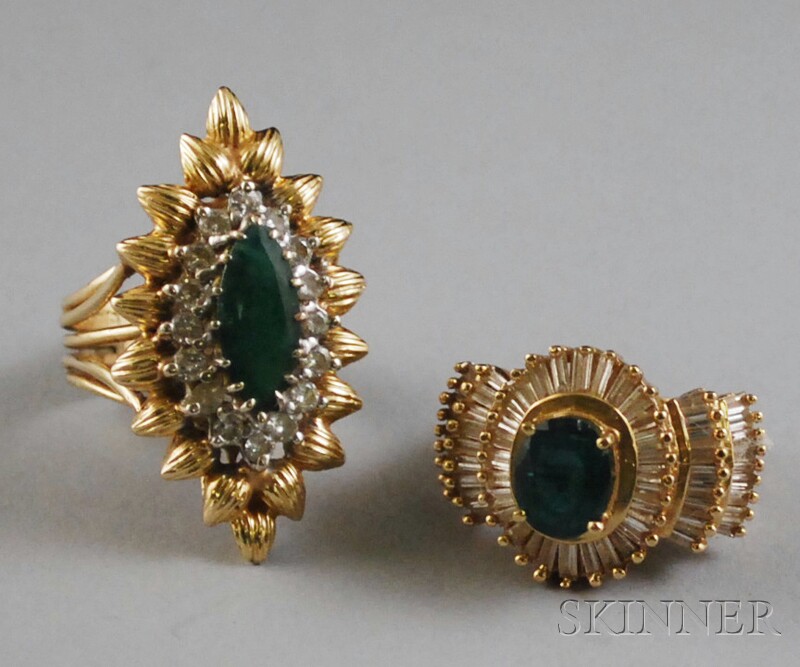 Appraisal: Two kt Gold Emerald and Diamond Cocktail Rings total dwt