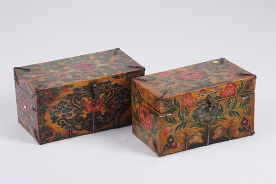 Appraisal: TWO TIBETAN POLYCHROME WOOD BOXES Of rectangular outline with floral