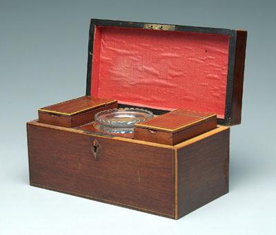 Appraisal: Inlaid mahogany tea box carved scroll handle interior with two