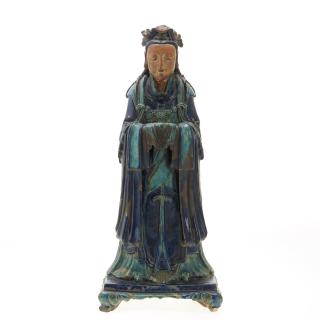 Appraisal: Antique Chinese Fahua glazed earthenware Guanyin Antique Chinese Fahua glazed