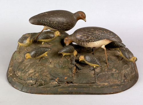 Appraisal: Carved and painted game bird figural group th c with