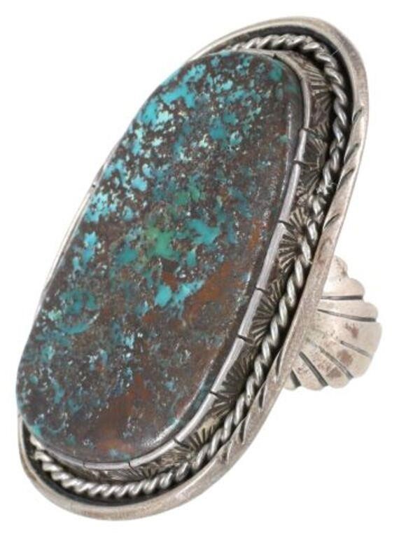 Appraisal: Southwest silver content unknown ring large bezel-set turquoise plaque face