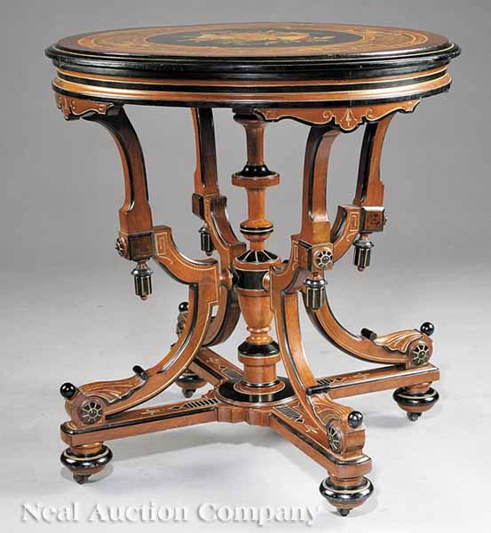 Appraisal: An American Renaissance Ebonized Gilt-Incised and Inlaid Walnut Gu ridon