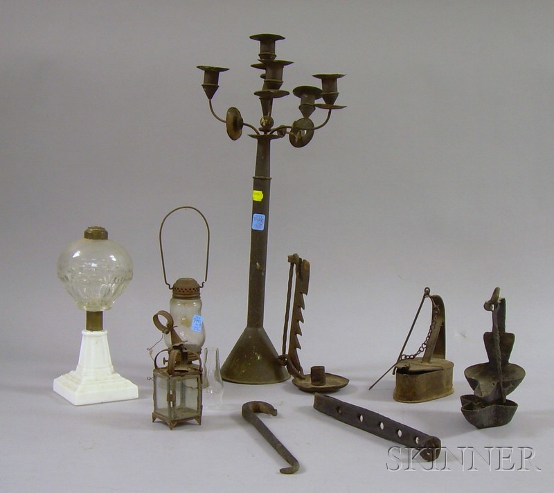 Appraisal: Group of Early Metal and Glass Lighting a tin five-light