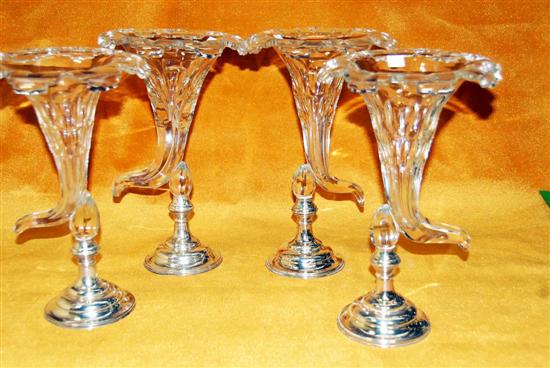 Appraisal: SET OF FOUR CRYSTAL AND SILVER VASES Cornucopia form with