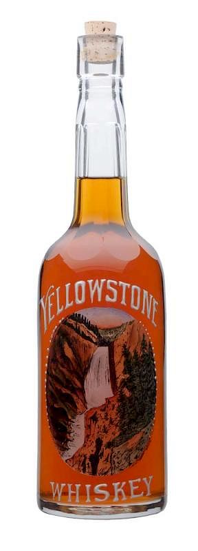 Appraisal: Yellowstone Whiskey Enameled Back Bar Bottle Beautiful image of waterfall