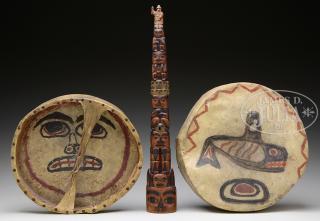 Appraisal: TWO NORTHWEST DRUM FACES AND A SMALL TOTEM POLE Last