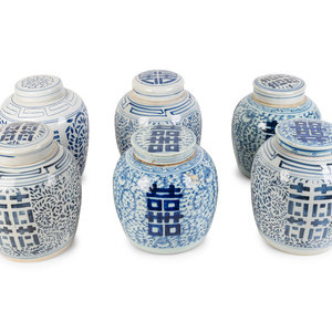 Appraisal: Three Pairs of Chinese Blue and White Happiness Jars TH