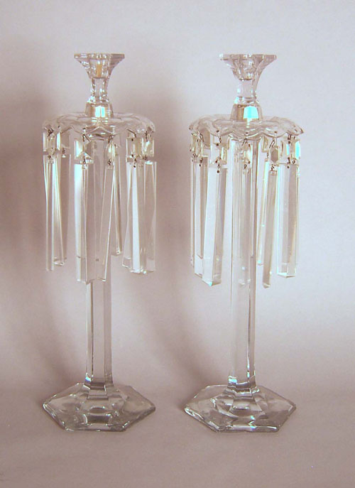 Appraisal: Pair of colorless glass candlesticks with prisms h