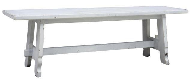 Appraisal: French Provincial white-painted bench single rectangular board top over trestle