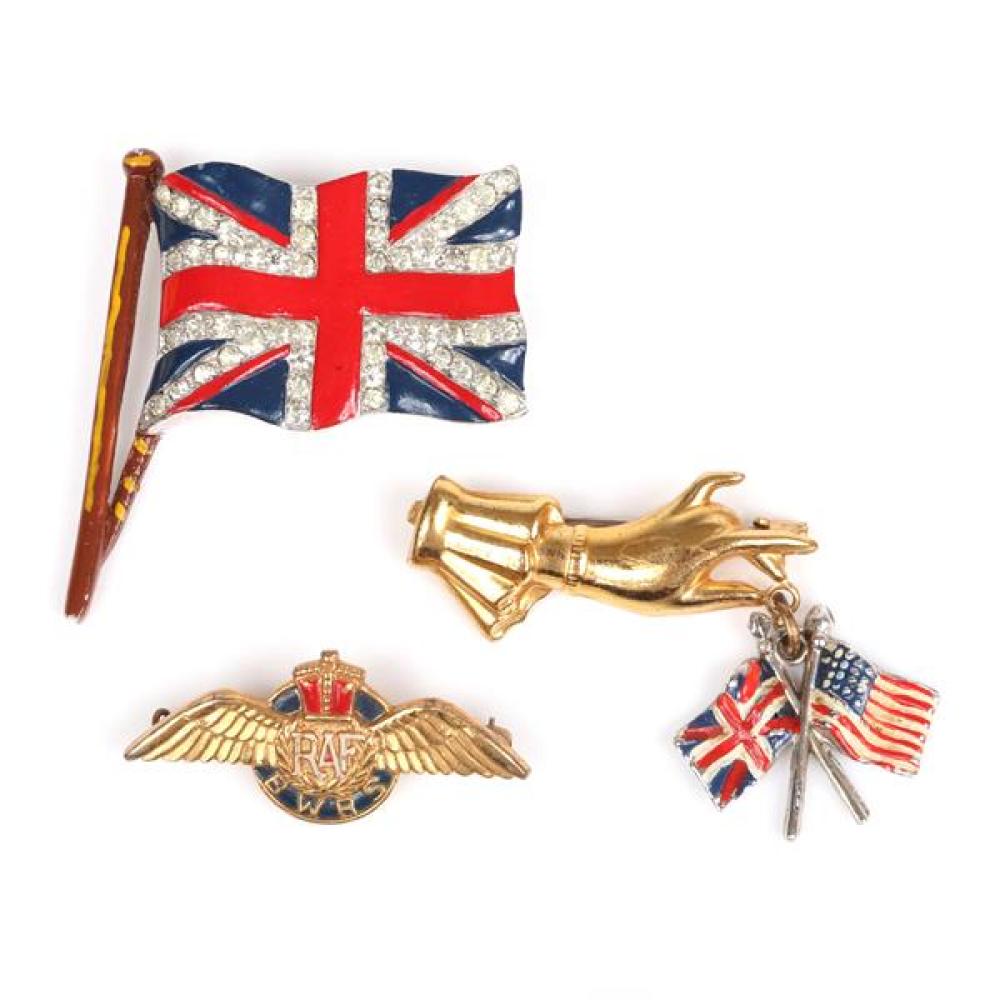 Appraisal: THREE VINTAGE ENAMELED WWII ALLIED FORCES PATRIOTIC PINS TRIFARI ENAMEL