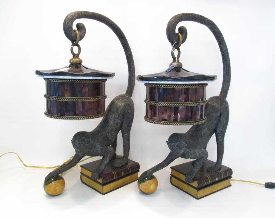 Appraisal: PAIR OF MAITLAND SMITH BRONZE MONKEY TABLE LAMPS depicting a