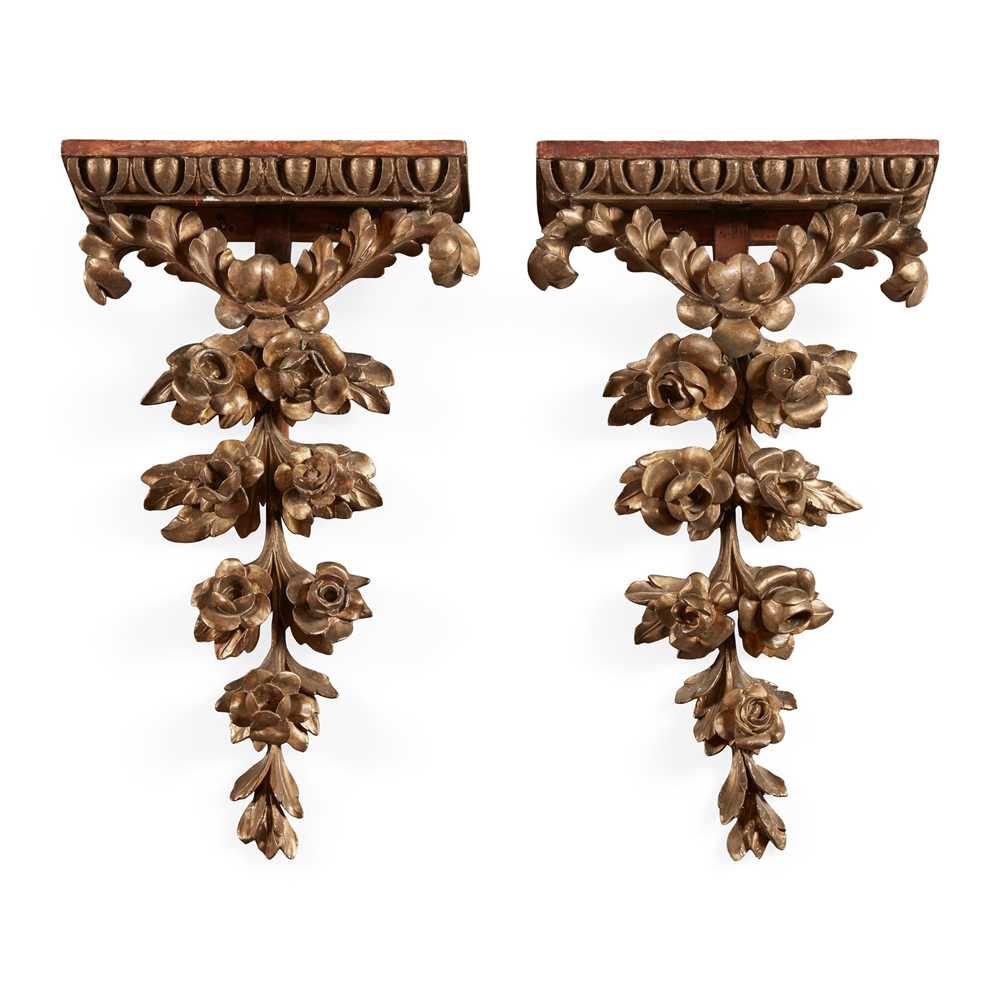 Appraisal: PAIR OF CARVED PAINTED AND GILTWOOD BRACKETS TH CENTURY with