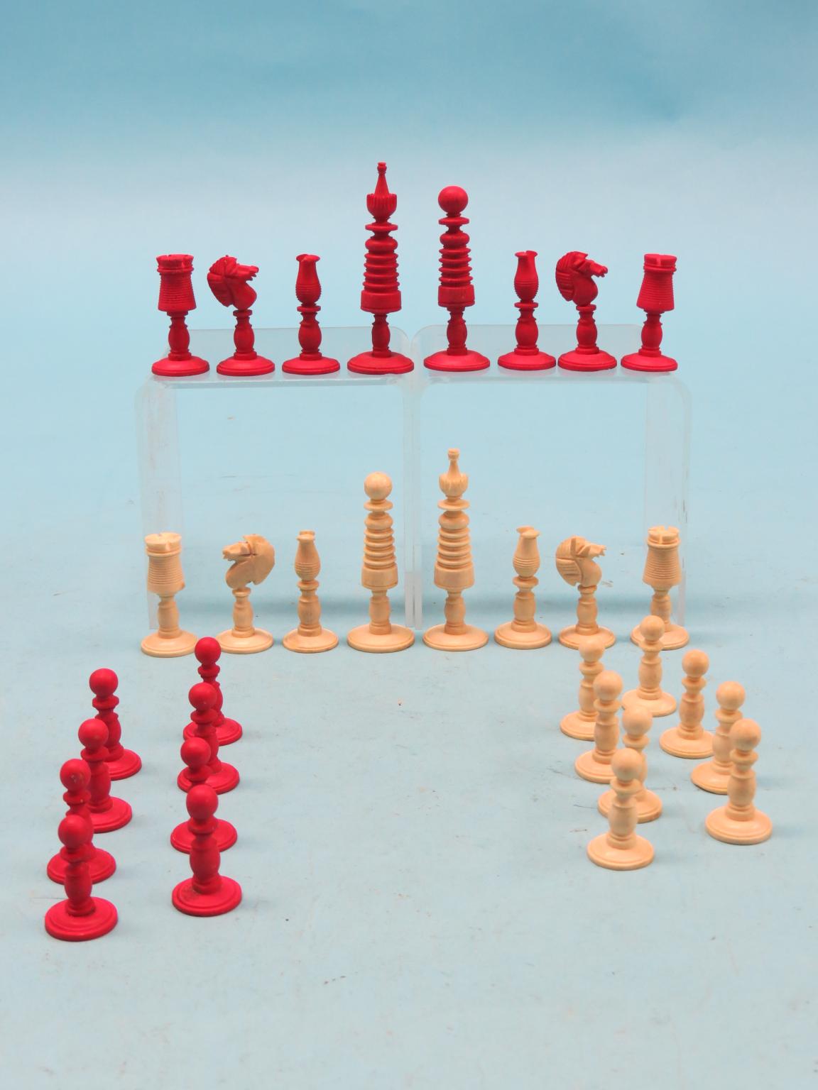 Appraisal: A th century turned ivory chess set natural and red-stained