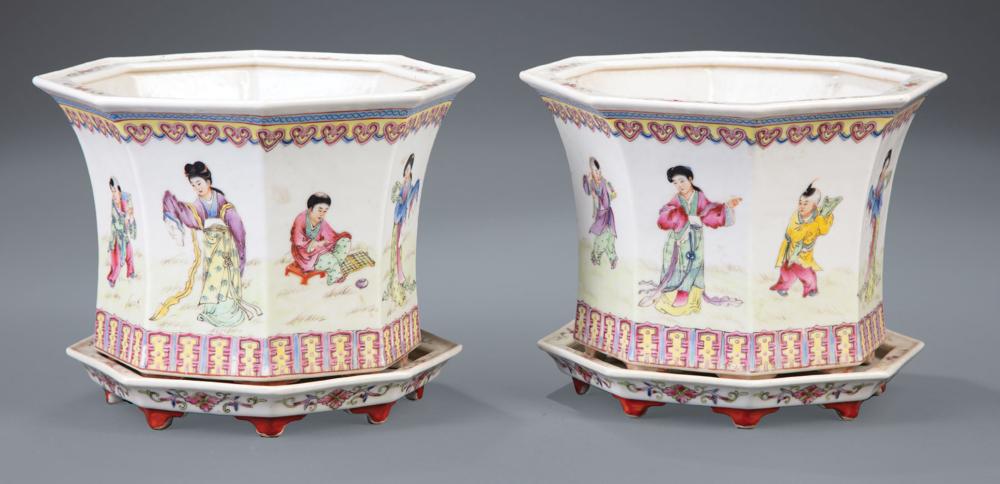 Appraisal: Pair of Chinese Famille Rose Porcelain Octagonal Jardinieres and Underplates