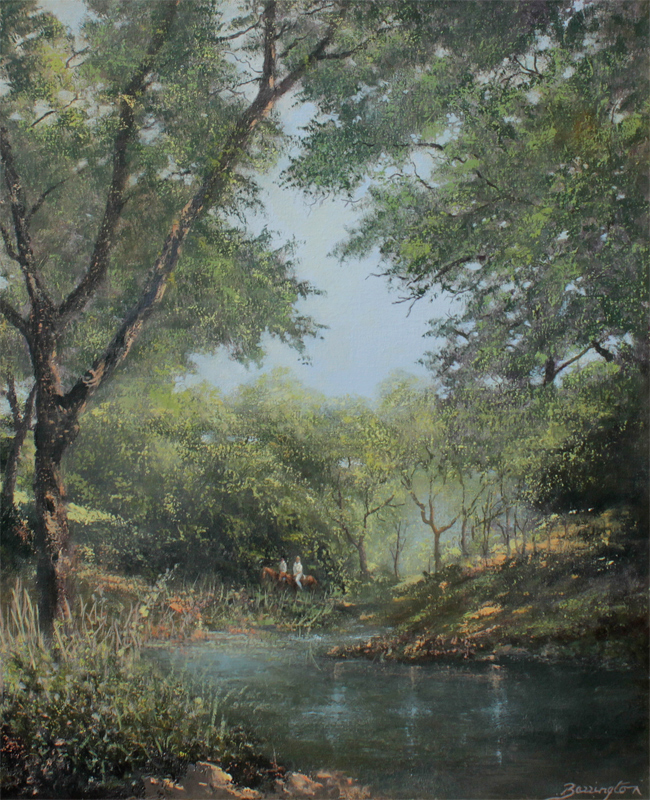 Appraisal: COUNTRY RIVER LANDSCAPE PAINTING WITH HORSEBACK RIDERS Oil Canvas ''