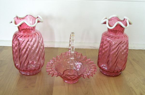 Appraisal: Three-Piece Group of Cranberry Glass Items consisting of a pair