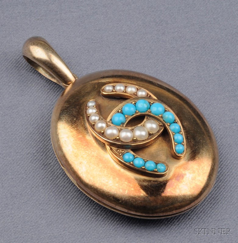 Appraisal: Antique kt Gold Turquoise and Pearl Locket designed with two