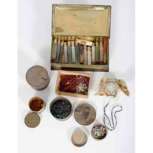 Appraisal: Box of Glass Beads tin canisters and glass tubes filled