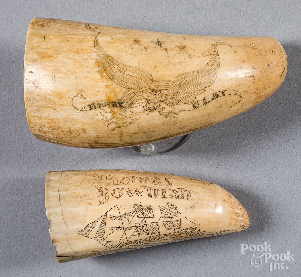 Appraisal: Two scrimshaw whale teeth th c Two scrimshaw whale teeth