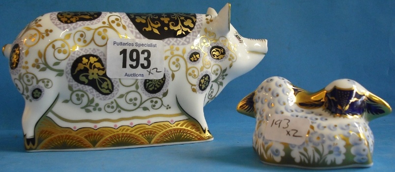 Appraisal: Royal Crown Derby Paperweights Spotty Pig with certificate and Twin