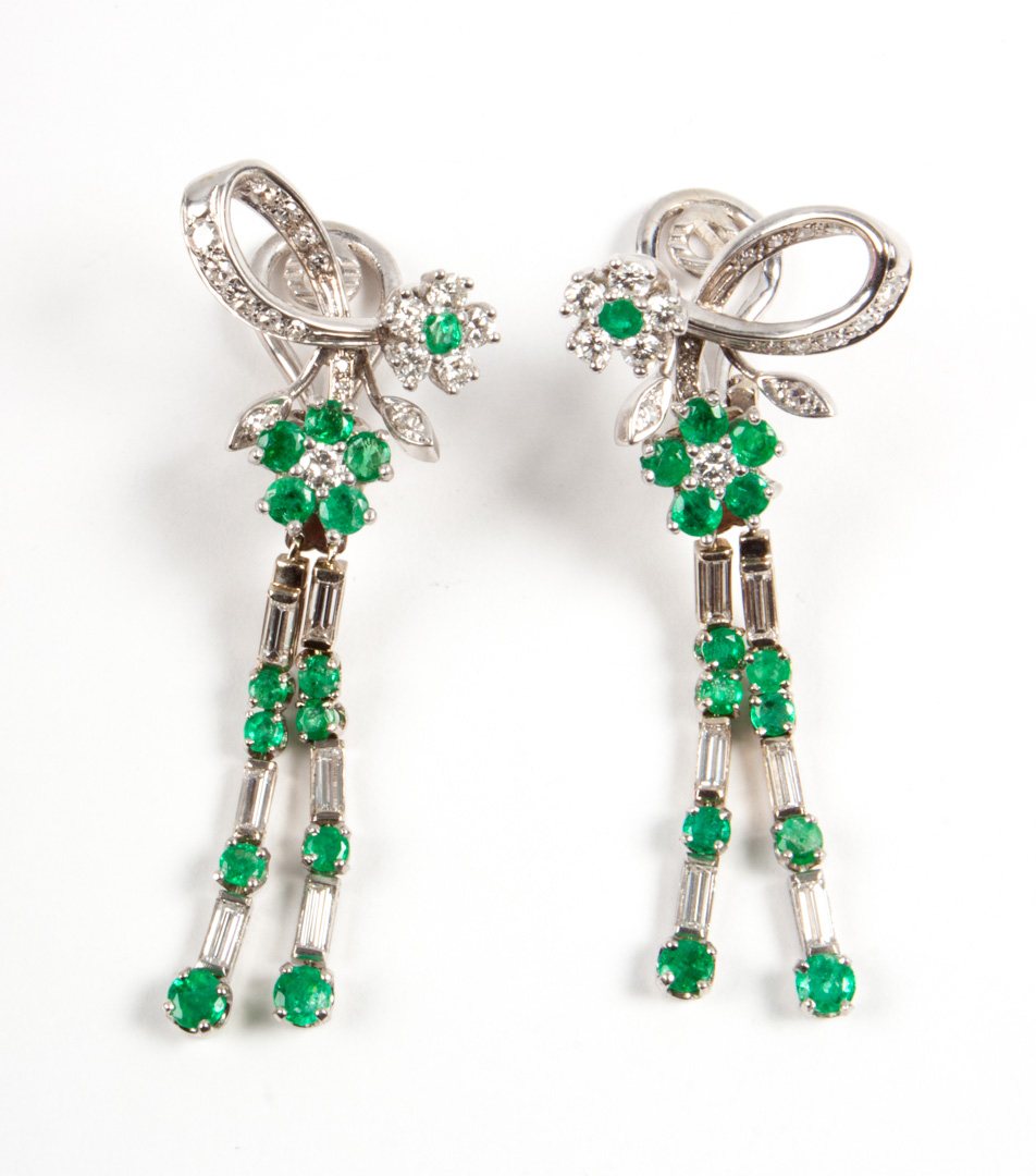 Appraisal: Pair of white gold diamond emerald earrings flower-form earrings with