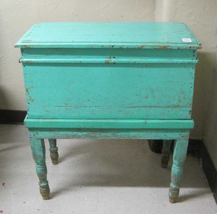 Appraisal: LIFT-TOP CHEST ON STAND pine construction with painted turquoise finish