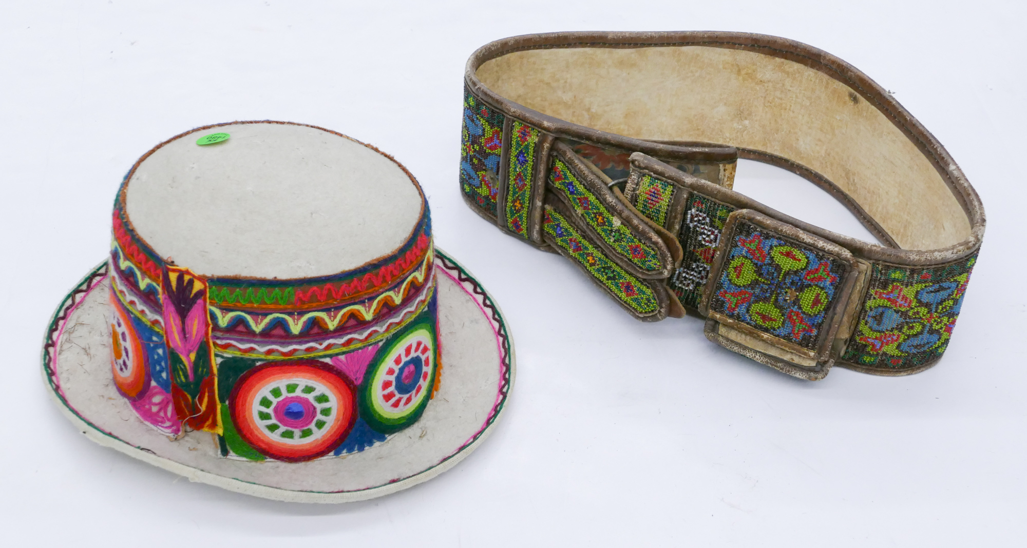 Appraisal: pc Old Ethnic Beaded Belt and Embroiderd Hat