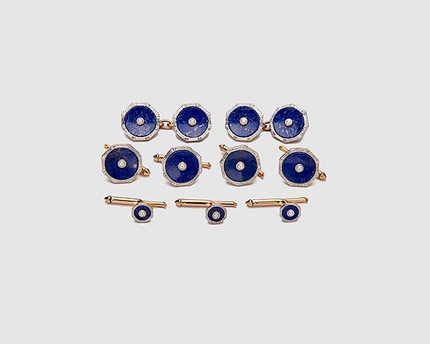 Appraisal: Platinum Yellow Gold Lapis and Pearl Dress Set Platinum Yellow