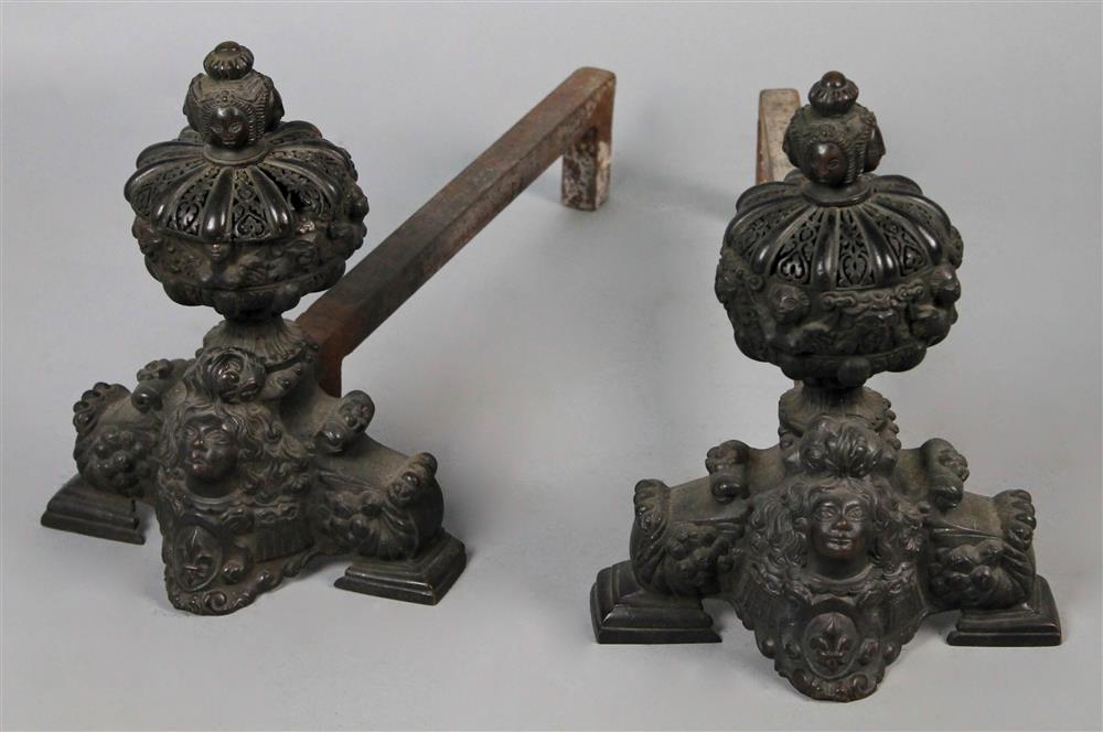 Appraisal: PAIR OF RENAISSANCE STYLE CAST IRON ANDIRONS the double knopped