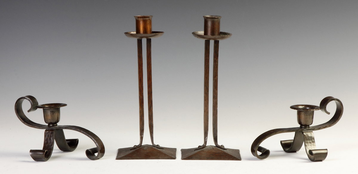 Appraisal: Roycroft Hand Hammered Copper Candlesticks Karl Kipp design Sgn w