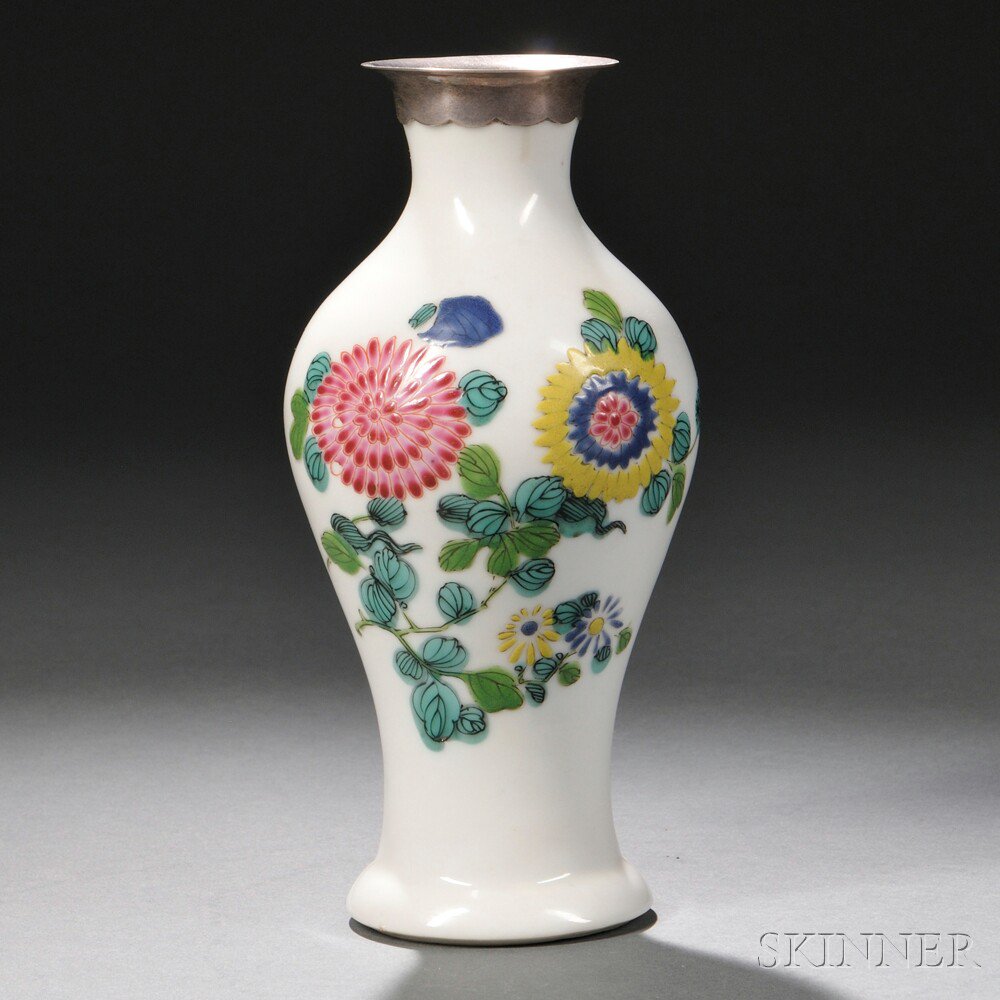 Appraisal: Famille Rose Porcelain Vase China baluster-form with a sterling silver