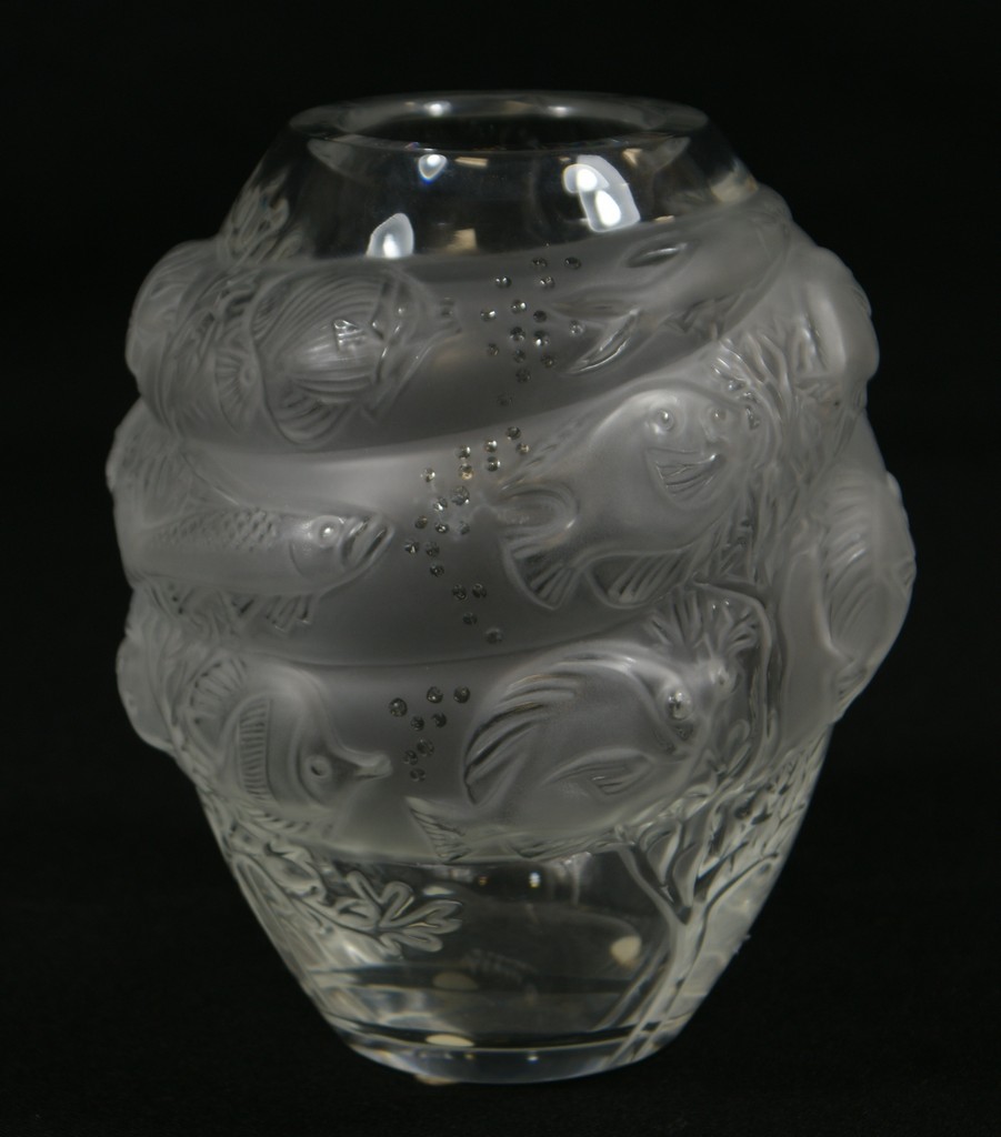 Appraisal: Lalique frosted fish pattern vase tall etched Lalique France signature