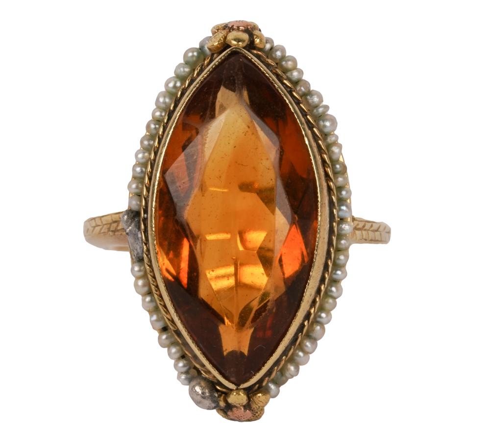 Appraisal: KARAT YELLOW GOLD CITRINE SEED PEARL RINGcentering one marquise shape