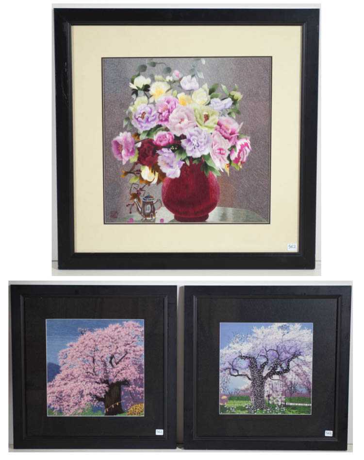 Appraisal: THREE CHINESE SILK EMBROIDERIES a floral still-life signed lower left