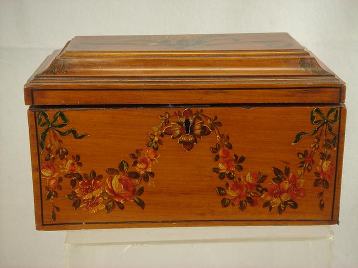 Appraisal: English Adams satinwood tea caddy with painted floral garland decoration