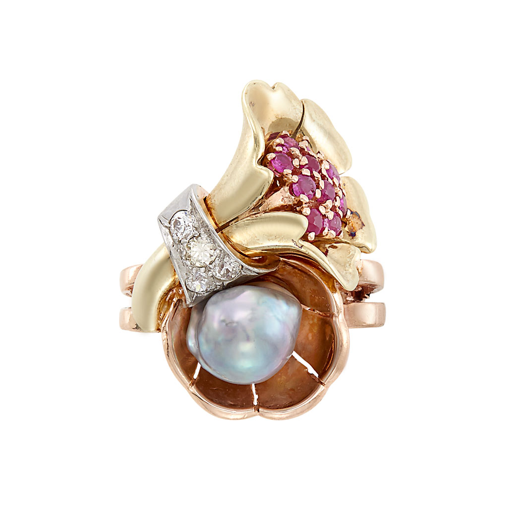 Appraisal: Tricolor Gold Baroque Cultured Pearl Diamond and Ruby Ring kt