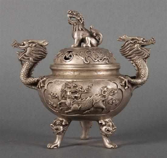 Appraisal: Chinese silvered bronze censer dragon-form handles foo dog finial with