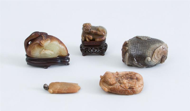 Appraisal: FIVE CHINESE HARDSTONE FIGURES Comprising a duck a water buffalo