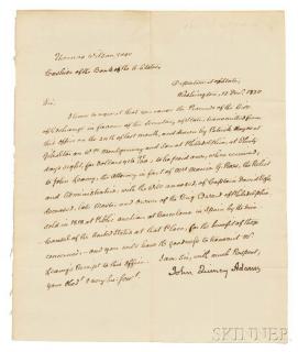 Appraisal: Adams John Quincy - Secretarial Letter Signed December Laid paper